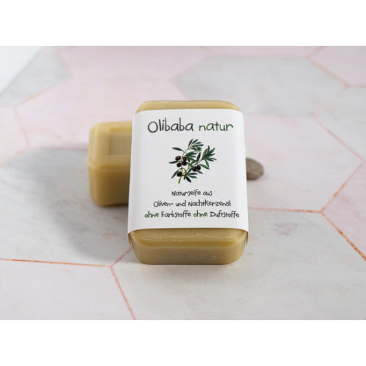 Zwei Stücke Olibaba Natur Seife, Olivenöl und Nachtkerzenöl, ideal für Neurodermitis, frei von Farbstoffen und Mikroplastik