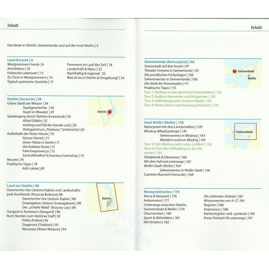 Inhaltseite aus "Stettin entdecken", bietet Einblick in Entdeckertouren, reich illustriert mit persönlichen Tipps des Autors