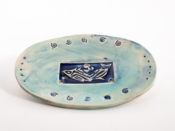 Seifenschale aus Keramik Motiv Fische blau grün