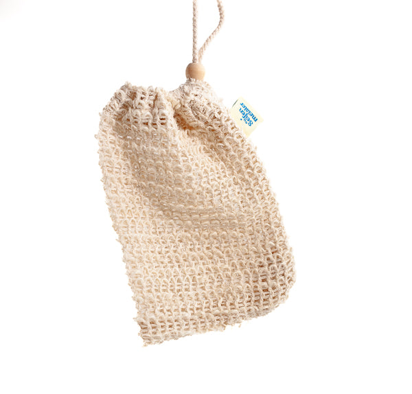 Einzelnes Sisal Seifensäckchen, natürliches Material für Peeling, mit Baumwollkordel und Holzperle, leer