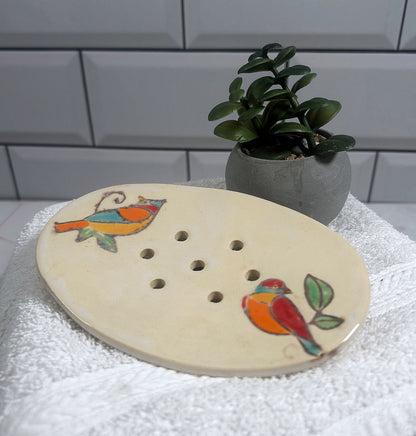 Seifenschale aus Keramik Bunte Vögel